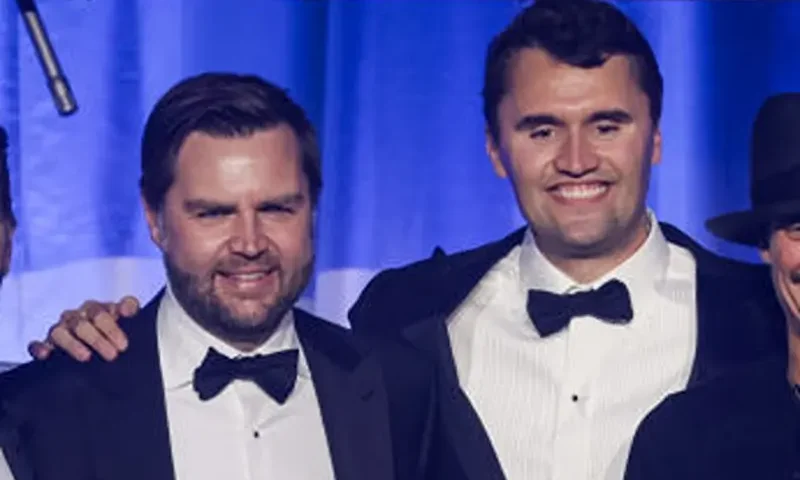 WASHINGTON, DC - JANUARY 19: (L-R) Alina Habba, Senior Advisor to President Donald J. Trump, Sergio Gor, Donald Trump Jr., U.S. Vice President-elect JD Vance, Charlie Kirk, and Kid Rock on stage with The Village People during the Turning Point USA Inaugural-Eve Ball at the Salamander Hotel on January 19, 2025 in Washington, DC. Donald Trump will be sworn in as the 47th U.S. president on January 20. (Photo by Samuel Corum/Getty Images)