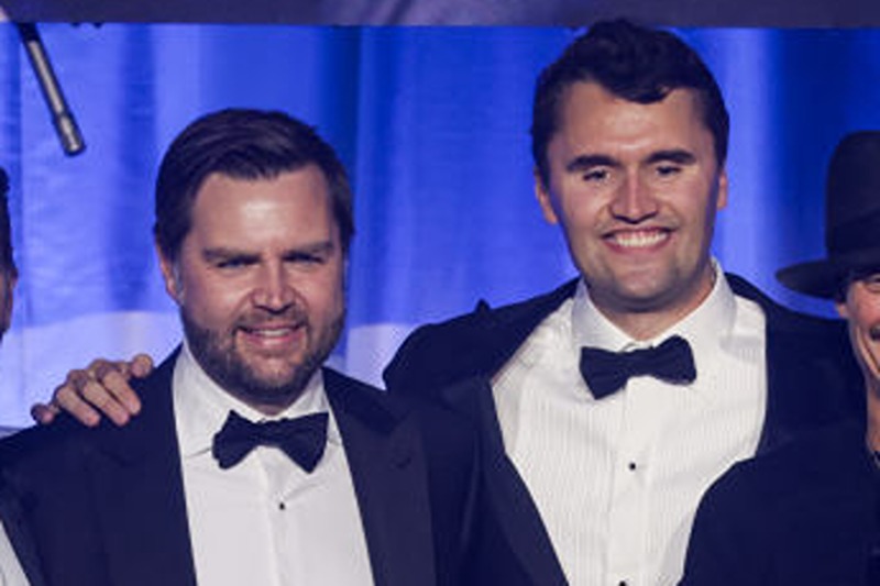 WASHINGTON, DC - JANUARY 19: (L-R) Alina Habba, Senior Advisor to President Donald J. Trump, Sergio Gor, Donald Trump Jr., U.S. Vice President-elect JD Vance, Charlie Kirk, and Kid Rock on stage with The Village People during the Turning Point USA Inaugural-Eve Ball at the Salamander Hotel on January 19, 2025 in Washington, DC. Donald Trump will be sworn in as the 47th U.S. president on January 20. (Photo by Samuel Corum/Getty Images)