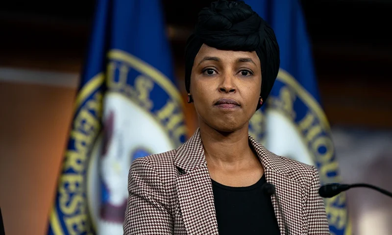 WASHINGTON, DC - JANUARY 22: Rep. Ilhan Omar (D-MN) looks on during a news conference on reintroducing the Neighbors Not Enemies Act on Capitol Hill on January 22, 2025 in Washington, DC. The Neighbors Not Enemies Act seeks to repeal the Alien Enemies Act of 1798, which grants the President of the United States sweeping wartime powers to detain or deport immigrants from enemy nations without due process. (Photo by Kent Nishimura/Getty Images)