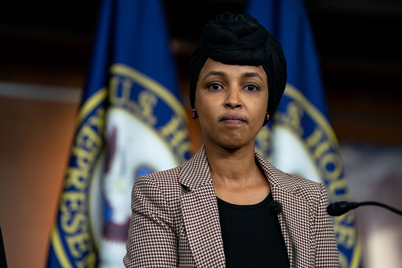 WASHINGTON, DC - JANUARY 22: Rep. Ilhan Omar (D-MN) looks on during a news conference on reintroducing the Neighbors Not Enemies Act on Capitol Hill on January 22, 2025 in Washington, DC. The Neighbors Not Enemies Act seeks to repeal the Alien Enemies Act of 1798, which grants the President of the United States sweeping wartime powers to detain or deport immigrants from enemy nations without due process. (Photo by Kent Nishimura/Getty Images)