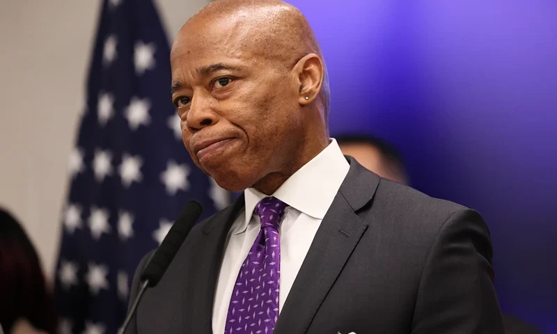 NEW YORK, NEW YORK - FEBRUARY 20: New York Mayor Eric Adams listens to questions from reporters during a press conference at NYPD's 40th Precinct on February 20, 2025 in New York City. A day after attending a court hearing in response to the Justice Department’s request to dismiss corruption charges against him, Adams was joined by local officials as they spoke on public safety and quality of life affecting community members in the Bronx. Earlier this week, four deputy mayors from Adams' administration resigned over his cooperation with U.S. President Donald Trump's immigration policies, which prosecutors on his bribery case alleged was part of a deal with the Trump administration's Department of Justice to drop charges against him. (Photo by Michael M. Santiago/Getty Images)