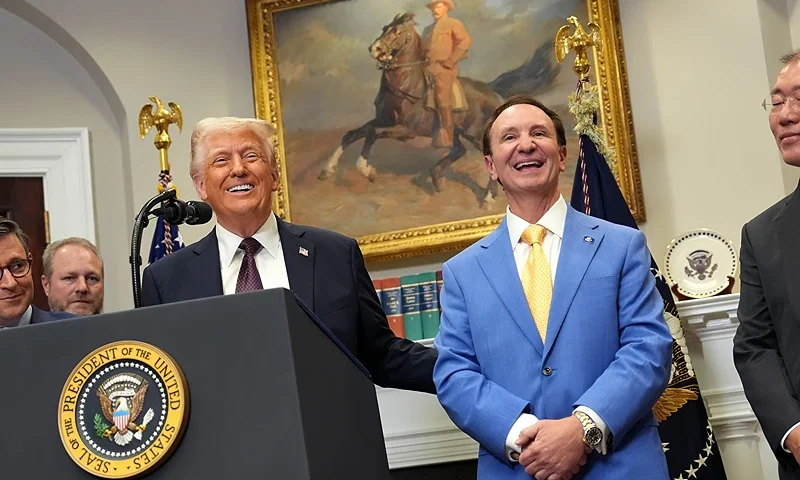 WASHINGTON, DC - MARCH 24: U.S. President Donald Trump speaks with Hyundai Chairman Euisun Chung (R), Louisiana Governor Jeff Landry (C), Speaker of the House Mike Johnson (R-LA) (L) and Ascension Parish President Clint Cointment in the Roosevelt Room of the White House March 24, 2025 in Washington, DC. During the event, it was announced that Hyundai will invest $20 billion in U.S. manufacturing, including a $5 billion investment in a Louisiana steel factory that will produce 1,500 jobs. (Photo by Win McNamee/Getty Images)