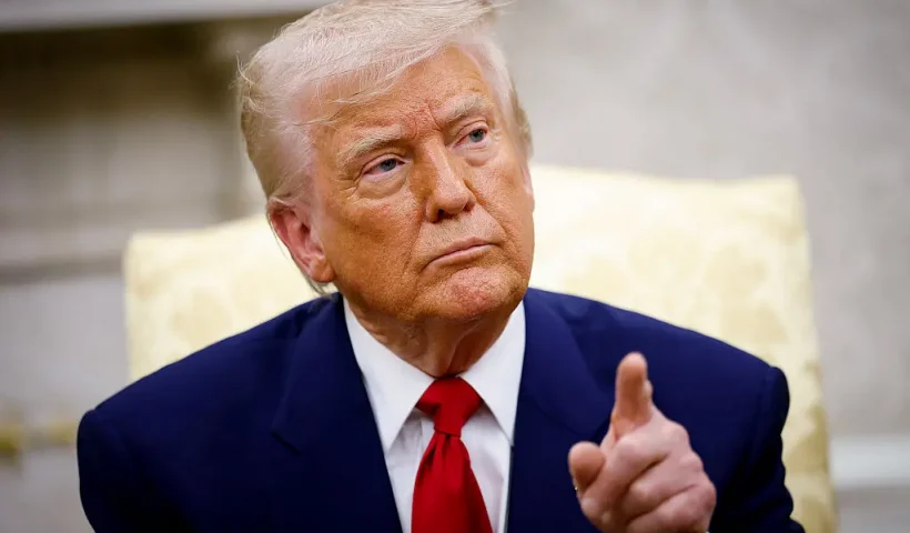 WASHINGTON, DC - APRIL 07: U.S. President Donald Trump takes a question from a member of the media during a meeting with Israeli Prime Minister Benjamin Netanyahu in the Oval Office of the White House on April 7, 2025 in Washington, DC. President Trump is meeting with Netanyahu to discuss ongoing efforts to release Israeli hostages from Gaza and newly imposed U.S. tariffs. (Photo by Kevin Dietsch/Getty Images)