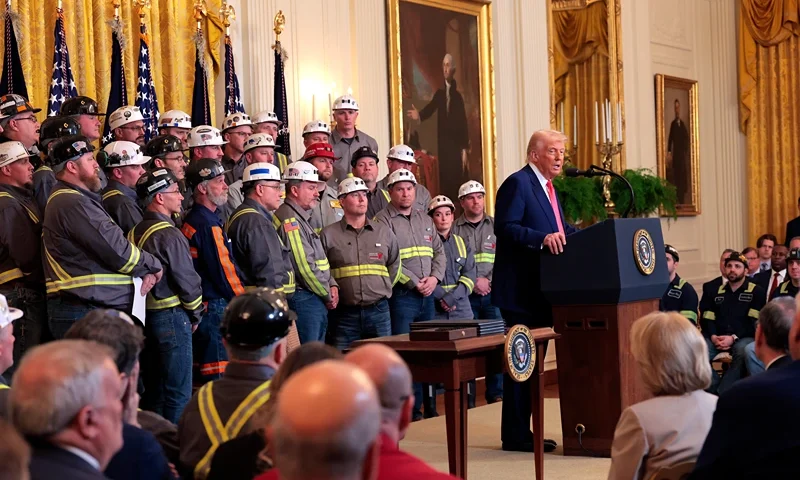 WASHINGTON, DC - APRIL 08: U.S. President Donald Trump speaks alongside coal and energy workers during an executive order signing ceremony in the East Room of the White House on April 08, 2025 in Washington, DC. The Trump administration has elected to roll back Biden-era environmental policies with the intention to help revive coal-fired plants in order to restore America’s energy independence. (Photo by Anna Moneymaker/Getty Images)