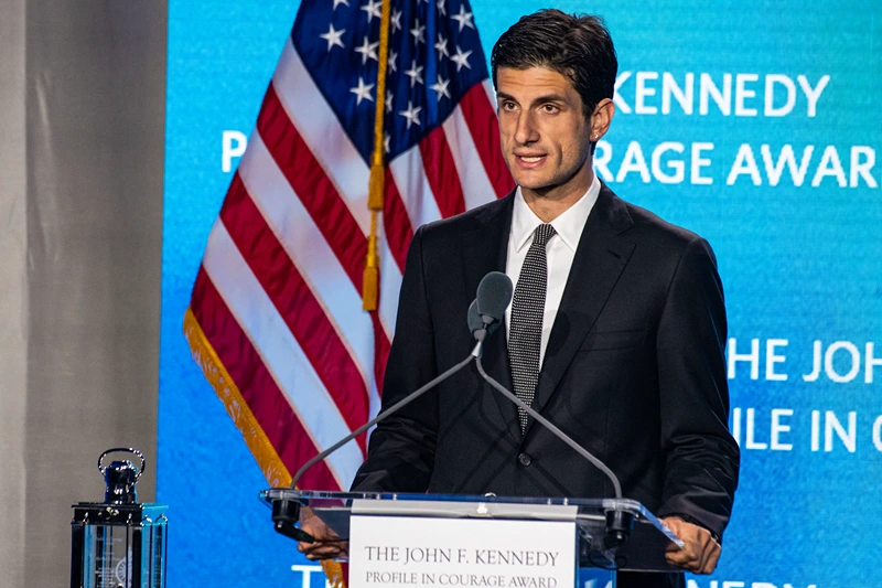 US writer Jack Schlossberg speaks during the 2025 John F. Kennedy Profile in Courage Award Ceremony at the John F. Kennedy Presidential Library and Museum in Boston, Massachusetts on May 4, 2025. (Photo by Joseph Prezioso / AFP) (Photo by JOSEPH PREZIOSO/AFP via Getty Images)