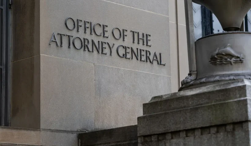 WASHINGTON, DC - JULY 20: The Office of the Attorney General at the Department of Justice building is seen on July 20, 2025 in Washington, DC. Attorney General Pam Bondi has asked a federal judge to unseal grand jury testimony used in the prosecution of Jeffrey Epstein and his longtime associate Ghislaine Maxwell. (Photo by Eric Lee/Getty Images)