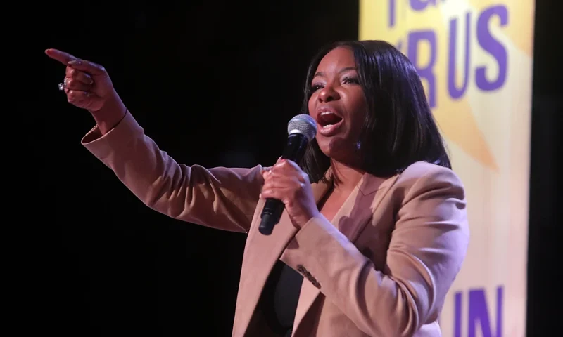 PHOENIX, ARIZONA - AUGUST 03: Rep Jasmine Crockett speaks during the Won't Back Down event at The Van Buren on August 03, 2025 in Phoenix, Arizona. (Photo by John Medina/Getty Images for MoveOn)