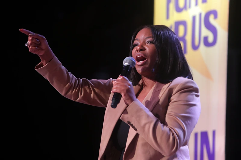 PHOENIX, ARIZONA - AUGUST 03: Rep Jasmine Crockett speaks during the Won't Back Down event at The Van Buren on August 03, 2025 in Phoenix, Arizona. (Photo by John Medina/Getty Images for MoveOn)