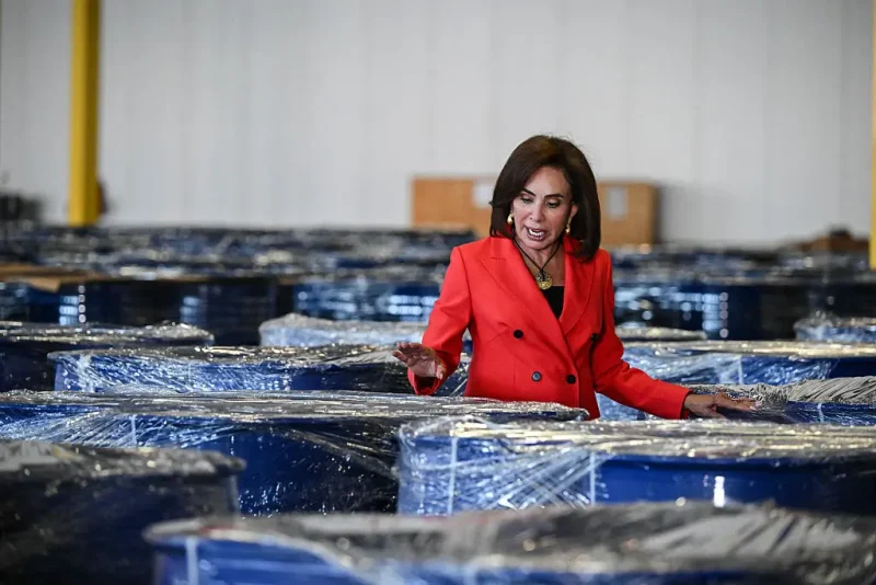 US Attorney for the District of Columbia Jeanine Pirro walks next to barrels with chemicals used to create synthetic drugs like methamphetamine after a news conference in Pasadena, Texas, on September 3, 2025. Federal authorities announced what they're calling "the largest law enforcement bust of precursor chemicals bound for a foreign terrorist organization". (Photo by RONALDO SCHEMIDT / AFP) (Photo by RONALDO SCHEMIDT/AFP via Getty Images)
