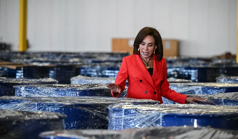 US Attorney for the District of Columbia Jeanine Pirro walks next to barrels with chemicals used to create synthetic drugs like methamphetamine after a news conference in Pasadena, Texas, on September 3, 2025. Federal authorities announced what they're calling "the largest law enforcement bust of precursor chemicals bound for a foreign terrorist organization". (Photo by RONALDO SCHEMIDT / AFP) (Photo by RONALDO SCHEMIDT/AFP via Getty Images)
