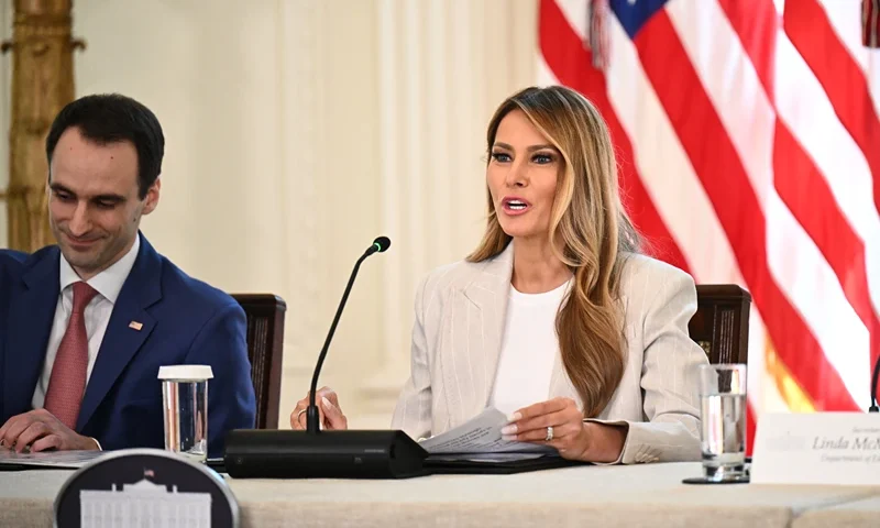 US First Lady Melania Trump (C) speaks, alongside US Secretary of Education Linda McMahon (R) and US Director of the Office of Science and technology policy Michael Kratsios during a meeting of the White House Task Force on artificial intelligence education in the East Room of the White House in Washington, DC, on September 4, 2025. (Photo by Alex WROBLEWSKI / AFP) (Photo by ALEX WROBLEWSKI/AFP via Getty Images)