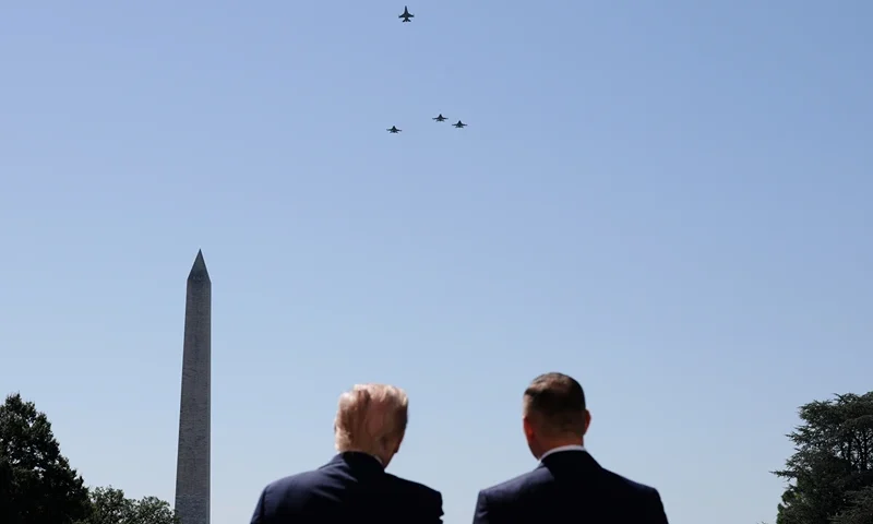 Military aircraft conduct a flyover as U.S. President Donald Trump (L) welcomes Polish President Karol Nawrocki to the White House during an arrival ceremony at the South Portico on September 3, 2025 in Washington, DC. President Nawrocki is visiting Washington to meet with President Trump for a bilateral meeting to discuss the war in Ukraine. (Photo by Alex Wong/Getty Images)