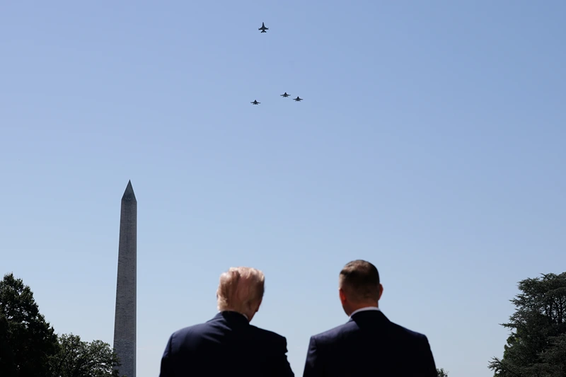 Military aircraft conduct a flyover as U.S. President Donald Trump (L) welcomes Polish President Karol Nawrocki to the White House during an arrival ceremony at the South Portico on September 3, 2025 in Washington, DC. President Nawrocki is visiting Washington to meet with President Trump for a bilateral meeting to discuss the war in Ukraine. (Photo by Alex Wong/Getty Images)