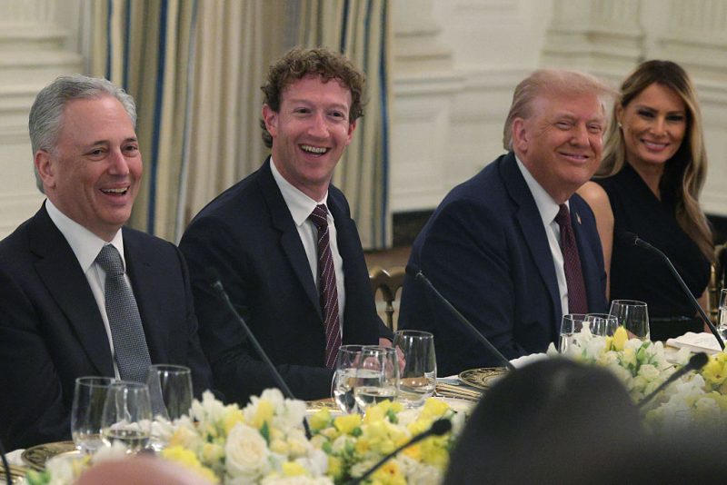 WASHINGTON, DC - SEPTEMBER 04: (L-R) White House “AI and Crypto Czar” David Scahs, Meta CEO Mark Zuckerberg, U.S. President Donald Trump and first lady Melania Trump share a moment during a dinner at the State Dining Room of the White House on September 4, 2025 in Washington, DC. President Trump hosted tech and business leaders for dinner after they joined the first lady’s meeting of the Artificial Intelligence (AI) Education Task Force at the White House this afternoon. (Photo by Alex Wong/Getty Images)