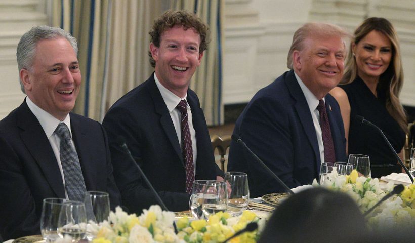 WASHINGTON, DC - SEPTEMBER 04: (L-R) White House “AI and Crypto Czar” David Scahs, Meta CEO Mark Zuckerberg, U.S. President Donald Trump and first lady Melania Trump share a moment during a dinner at the State Dining Room of the White House on September 4, 2025 in Washington, DC. President Trump hosted tech and business leaders for dinner after they joined the first lady’s meeting of the Artificial Intelligence (AI) Education Task Force at the White House this afternoon. (Photo by Alex Wong/Getty Images)