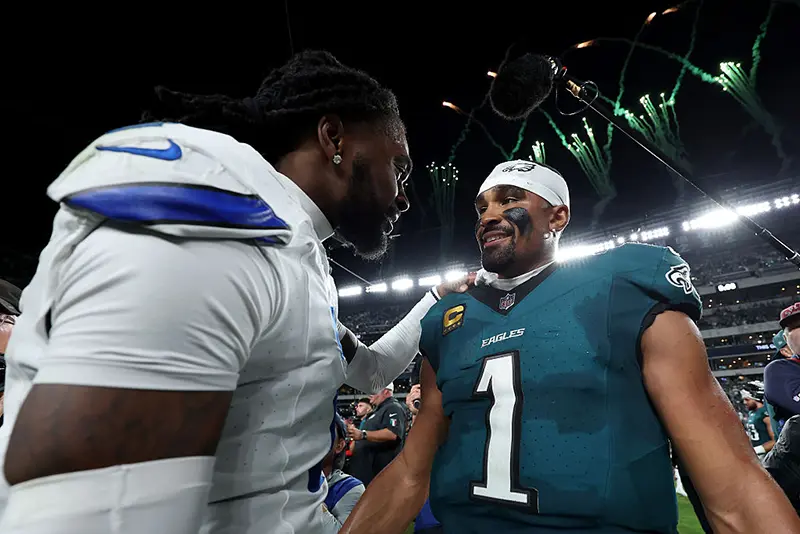 Trevon Diggs #7 of the Dallas Cowboys congratulates Jalen Hurts #1 of the Philadelphia Eagles after the game at Lincoln Financial Field on September 04, 2025 in Philadelphia, Pennsylvania. (Photo by Emilee Chinn/Getty Images)
