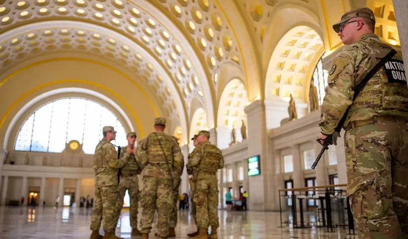 WASHINGTON, DC - SEPTEMBER 8: Members of the National Guard stand in Union Station on September 8, 2025 in Washington, DC. Congress is not expected to extend the Trump administration's federal control of the DC Metropolitan Police Department which is set to expire September 10th. (Photo by Andrew Harnik/Getty Images)