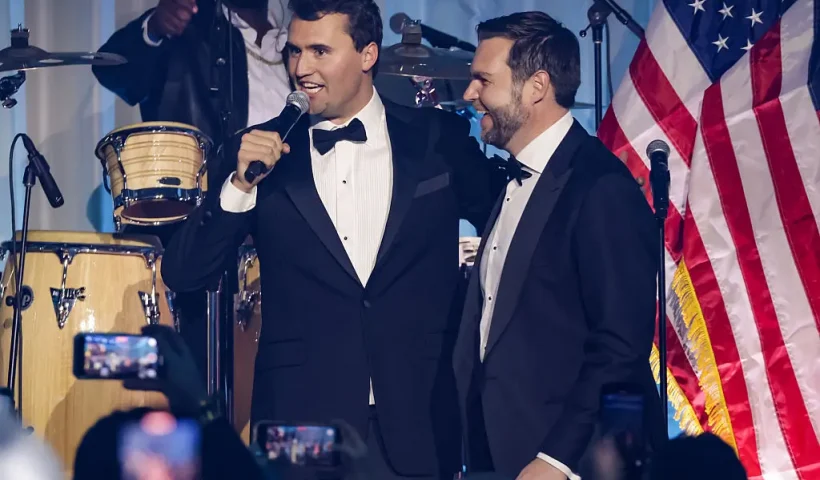 WASHINGTON, DC - JANUARY 19: Charlie Kirk introduces U.S. Vice President-elect JD Vance on stage during the Turning Point USA Inaugural-Eve Ball at the Salamander Hotel on January 19, 2025 in Washington, DC. (Photo by Samuel Corum/Getty Images)