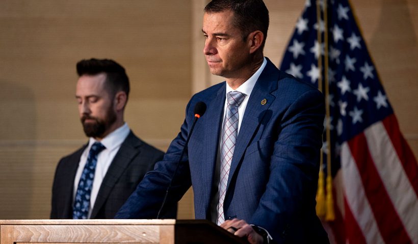 OREM, UTAH - SEPTEMBER 11: Utah Department of Public Safety commissioner Beau Mason, right, stands with FBI Special Agent in Charge Robert Bohls during a press conference to give an update on the search for the man who killed political activist Charlie Kirk on September 11, 2025 in Orem, Utah. Authorities are still searching for the person who shot and killed Kirk at an event on the campus on Wednesday. (Photo by Michael Ciaglo/Getty Images)