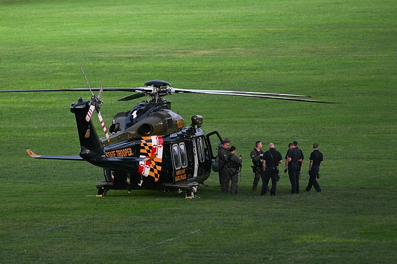 A Maryland State Police medevac helicopter is seen at the US Naval Academy in Annapolis, Maryland, where a shooting occurred earlier in the day, on September 11, 2025. The US Naval Academy in Annapolis, Maryland, went on lockdown on September 11, 2025, after reports of gunfire in Bancroft Hall, though officials later said there was no credible threat. (Photo by Jim WATSON / AFP) (Photo by JIM WATSON/AFP via Getty Images)