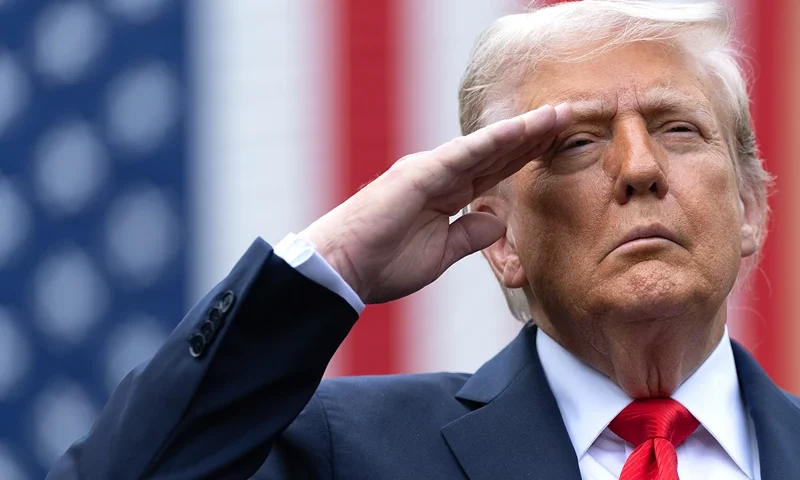 ARLINGTON, VIRGINIA - SEPTEMBER 11: U.S. President Donald Trump salutes during the playing of "Taps" at a September 11th observance event in the courtyard of the Pentagon September 11, 2025 in Arlington, Virginia. Today marks the 24th anniversary of the 9/11 terror attacks that claimed the lives of nearly 3,000 people. (Photo by Win McNamee/Getty Images)