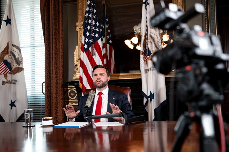 WASHINGTON, DC - SEPTEMBER 15: U.S. Vice President JD Vance hosts a podcast episode of 'The Charlie Kirk Show' following the assassination of the show's namesake, at the White House on September 15, 2025 in Washington, DC. Tyler Robinson is accused of fatally shooting Charlie Kirk, CEO and co-founder of Turning Point USA, while he was speaking at an event for his "American Comeback Tour" on the campus of Utah Valley University. (Photo by Doug Mills-Pool/Getty Images)