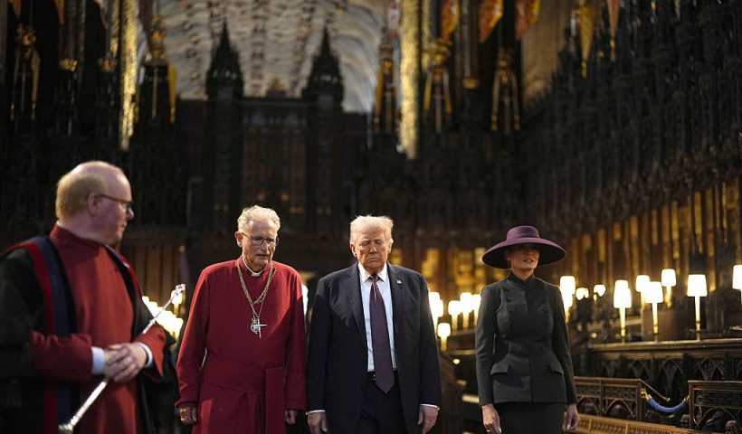 WINDSOR, ENGLAND - SEPTEMBER 17: US President Donald Trump and First Lady Melania Trump during their visit to St George's Chapel at Windsor Castle during the State visit by the President of the United States of America on September 17, 2025 in Windsor, England. (Photo by Aaron Chown - WPA Pool/Getty Images)