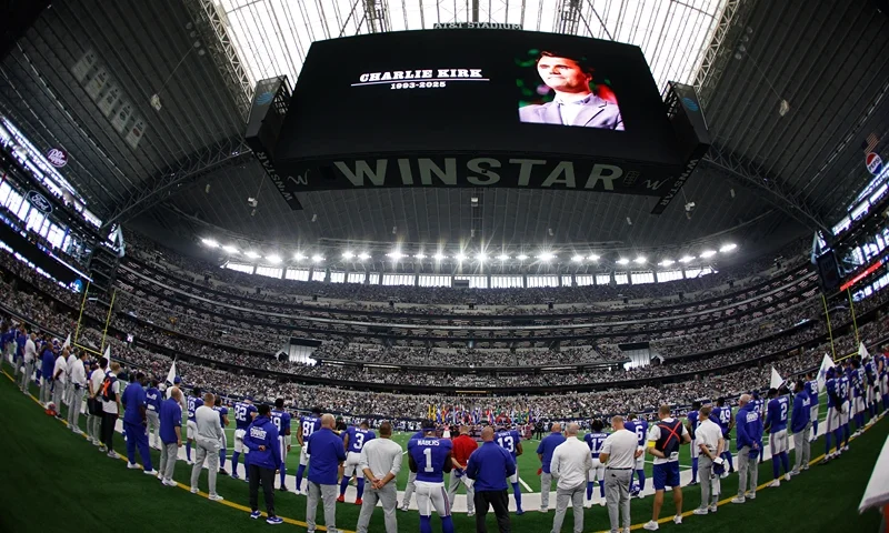 ARLINGTON, TEXAS - SEPTEMBER 14: A general view inside the stadium during a moment of silence for Charlie Kirk prior to the game between the New York Giants and the Dallas Cowboys at AT&T Stadium on September 14, 2025 in Arlington, Texas. (Photo by Ron Jenkins/Getty Images)