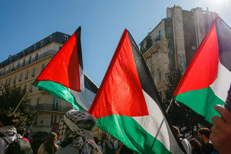 Palestinian flags, in the procession of the inter-union demonstration, in Paris, France on September 18, 2025. Drapeaux palestiniens, dans le cortege de la manifestation intersyndicale, a Paris, France le 18 Septembre 2025. (Photo by Augustin Pasquini / Hans Lucas via AFP) (Photo by AUGUSTIN PASQUINI/Hans Lucas/AFP via Getty Images)