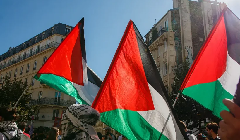 Palestinian flags, in the procession of the inter-union demonstration, in Paris, France on September 18, 2025. Drapeaux palestiniens, dans le cortege de la manifestation intersyndicale, a Paris, France le 18 Septembre 2025. (Photo by Augustin Pasquini / Hans Lucas via AFP) (Photo by AUGUSTIN PASQUINI/Hans Lucas/AFP via Getty Images)