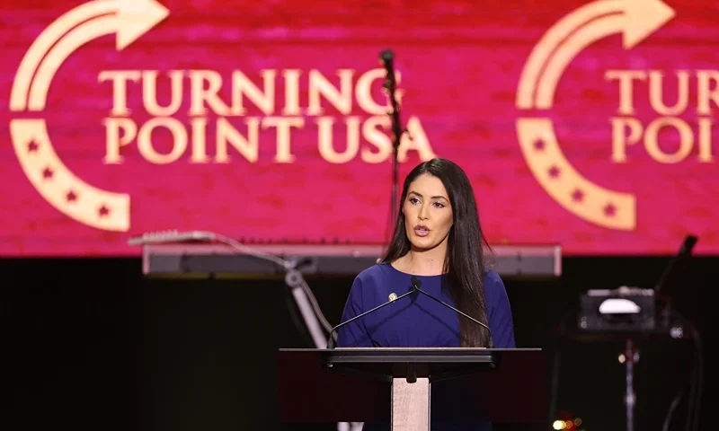 US Representative Anna Paulina Luna (R-FL) speaks during the public memorial service for right-wing activist Charlie Kirk at State Farm Stadium in Glendale, Arizona, on September 21, 2025. (Photo by Patrick T. Fallon / AFP) (Photo by PATRICK T. FALLON/AFP via Getty Images)