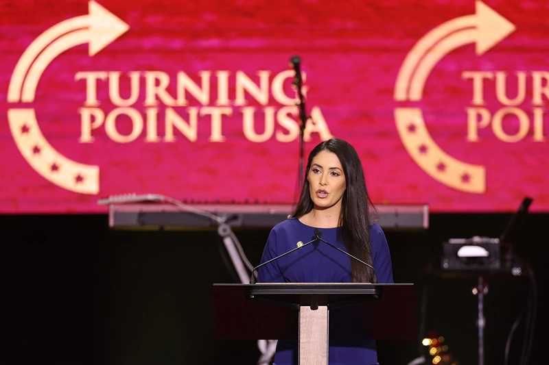 US Representative Anna Paulina Luna (R-FL) speaks during the public memorial service for right-wing activist Charlie Kirk at State Farm Stadium in Glendale, Arizona, on September 21, 2025. (Photo by Patrick T. Fallon / AFP) (Photo by PATRICK T. FALLON/AFP via Getty Images)