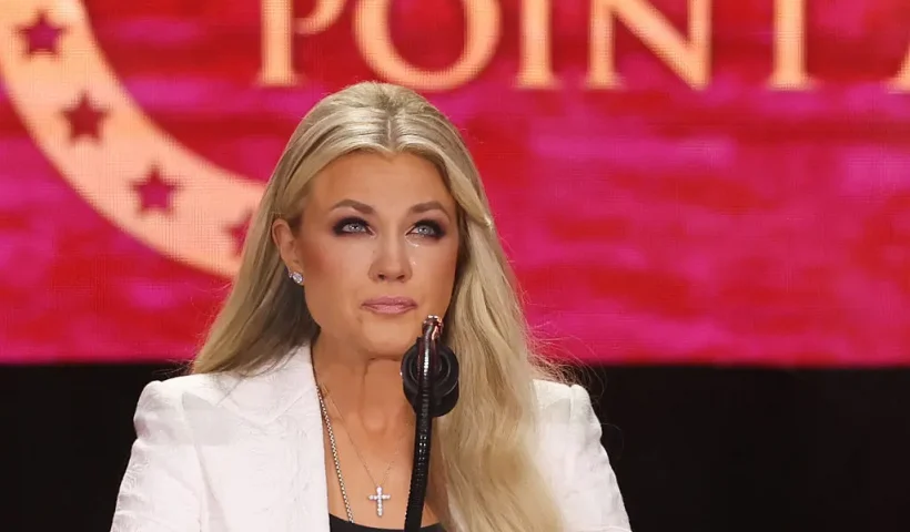 Erika Kirk, Charlie Kirk's widow, speaks at the public memorial service for right-wing activist Charlie Kirk at State Farm Stadium in Glendale, Arizona, on September 21, 2025. (Photo by Patrick T. Fallon / AFP) (Photo by PATRICK T. FALLON/AFP via Getty Images)