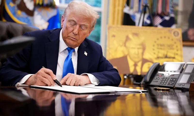 President Donald Trump signs an executive order in the Oval Office at the White House on September 19, 2025 in Washington, DC. Trump signed a series of executive orders establishing the “Trump Gold Card” and introducing a $100,000 fee for H-1B visas. The "Trump Gold Card" is a visa program that allows foreign nationals permanent residency and a pathway to U.S. citizenship for a $1 million investment in the United States. (Photo by Andrew Harnik/Getty Images)