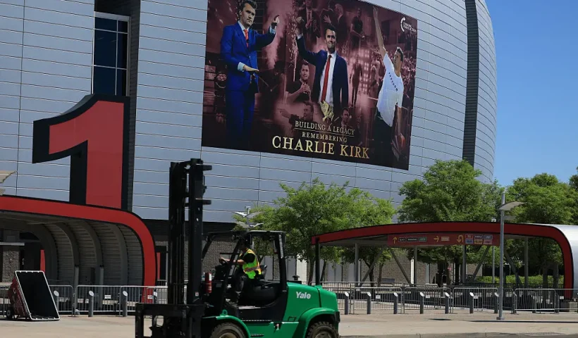 GLENDALE, ARIZONA - SEPTEMBER 20: A general view of State Farm Stadium, home of the Arizona Cardinals, as it is prepared to host a memorial service for political activist Charlie Kirk on September 20, 2025 in Glendale, Arizona. Kirk, the CEO and co-founder of Turning Point USA, was shot and killed on September 10th while speaking at an event for his "American Comeback Tour" at Utah Valley University. The memorial on Sunday is open to the public, and the program will begin at 11 a.m. with President Donald Trump scheduled to attend. (Photo by Joe Raedle/Getty Images)