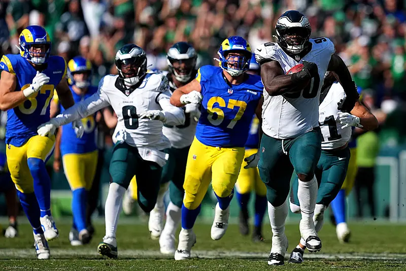 Jordan Davis #90 of the Philadelphia Eagles returns a blocked field goal for a touchdown against the Los Angeles Rams during the fourth quarter at Lincoln Financial Field on September 21, 2025 in Philadelphia, Pennsylvania. (Photo by Mitchell Leff/Getty Images)
