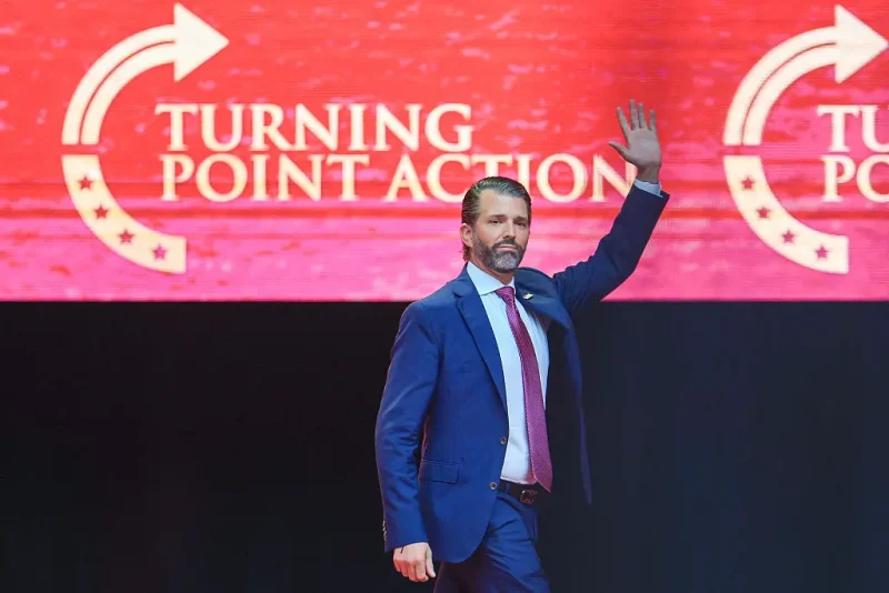 GLENDALE, ARIZONA - SEPTEMBER 21: Donald Trump Jr. walks onstage at the memorial service for political activist Charlie Kirk at State Farm Stadium on September 21, 2025 in Glendale, Arizona. Kirk, the CEO and co-founder of Turning Point USA, was shot and killed on September 10th while speaking at an event during his "American Comeback Tour" at Utah Valley University. (Photo by Joe Raedle/Getty Images)