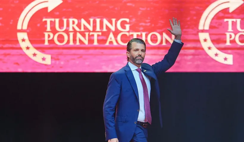 GLENDALE, ARIZONA - SEPTEMBER 21: Donald Trump Jr. walks onstage at the memorial service for political activist Charlie Kirk at State Farm Stadium on September 21, 2025 in Glendale, Arizona. Kirk, the CEO and co-founder of Turning Point USA, was shot and killed on September 10th while speaking at an event during his "American Comeback Tour" at Utah Valley University. (Photo by Joe Raedle/Getty Images)