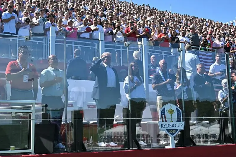U.S. President Donald Trump, along with his granddaughter Kai Madison Trump, attends the 2025 Ryder Cup at Black Course at Bethpage State Park Golf Course on September 26, 2025 in Farmingdale, New York. In his second term, Trump has attended several major sporting events. (Photo by Mandel Ngan-Pool/Getty Images)