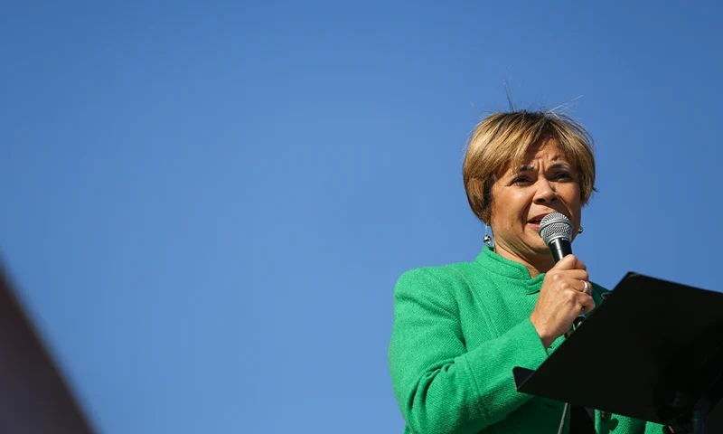 Vi Lyles, Charlotte's first female African-American mayor, speaks to a crowd gathered at First Ward Park during the Remarchable Women rally in Charlotte, North Carolina on January 20, 2018, marking the one-year anniversary of the Women's March. / AFP PHOTO / Logan Cyrus (Photo credit should read LOGAN CYRUS/AFP via Getty Images)