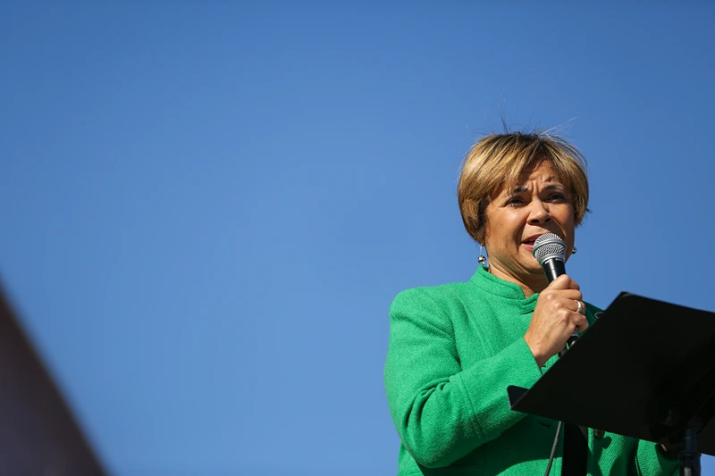 Vi Lyles, Charlotte's first female African-American mayor, speaks to a crowd gathered at First Ward Park during the Remarchable Women rally in Charlotte, North Carolina on January 20, 2018, marking the one-year anniversary of the Women's March. / AFP PHOTO / Logan Cyrus (Photo credit should read LOGAN CYRUS/AFP via Getty Images)