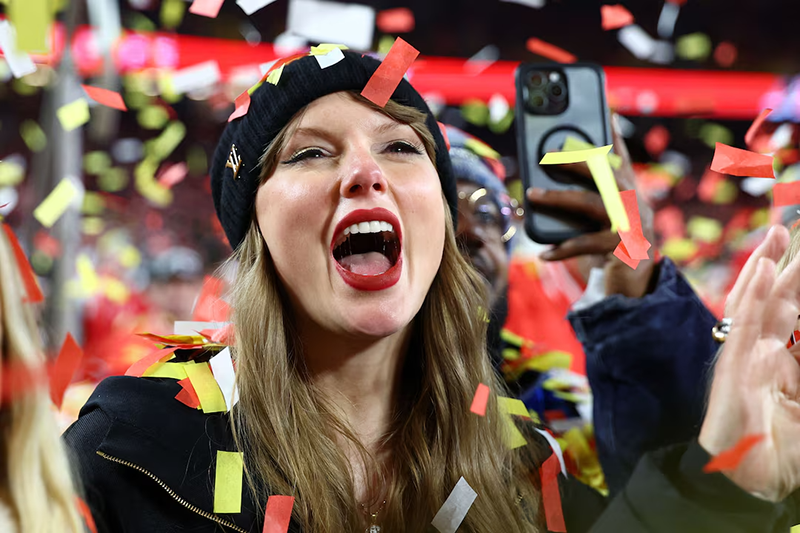 Taylor Swift reacts after the AFC Championship game against the Buffalo Bills at GEHA Field at Arrowhead Stadium. Mandatory Credit: Mark J. Rebilas-Imagn Images