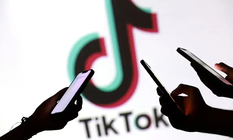 Teenagers pose for a photo while holding smartphones in front of a TikTok logo in this illustration taken September 11, 2025. REUTERS/Dado Ruvic/Illustration/File Photo