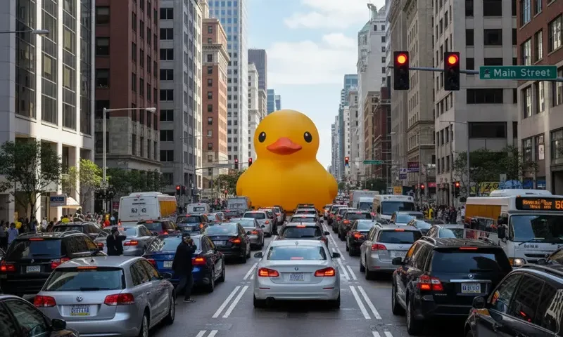 A giant rubber duck stopping morning traffic in the middle of Main Street in downtown Metroville.