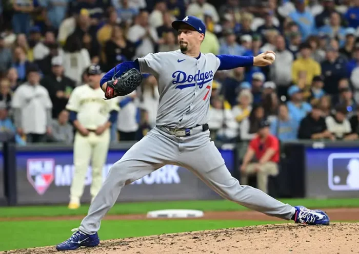 Los Angeles Dodgers starting pitcher Blake Snell (7) throws during the sixth inning against the Milwaukee Brewers during game one of the NLCS round for the 2025 MLB playoffs at American Family Field. Mandatory Credit: Benny Sieu-Imagn Images