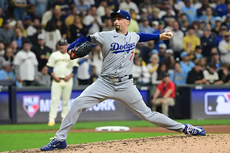 Los Angeles Dodgers starting pitcher Blake Snell (7) throws during the sixth inning against the Milwaukee Brewers during game one of the NLCS round for the 2025 MLB playoffs at American Family Field. Mandatory Credit: Benny Sieu-Imagn Images