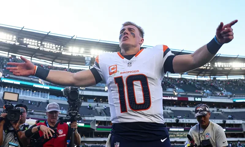 Denver Broncos quarterback Bo Nix (10) reacts as he walks off the field after a victory against the Philadelphia Eagles at Lincoln Financial Field. Mandatory Credit: Bill Streicher-Imagn Images