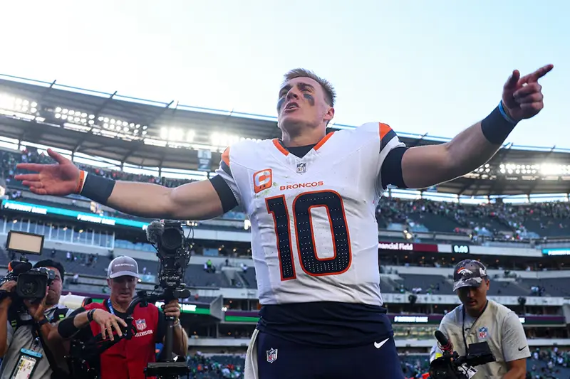 Denver Broncos quarterback Bo Nix (10) reacts as he walks off the field after a victory against the Philadelphia Eagles at Lincoln Financial Field. Mandatory Credit: Bill Streicher-Imagn Images