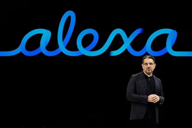 Panos Panay, head of devices for Amazon, speaks about Alexa during an Amazon event showcasing new products in New York City, U.S., September 30, 2025. REUTERS/Kylie Cooper