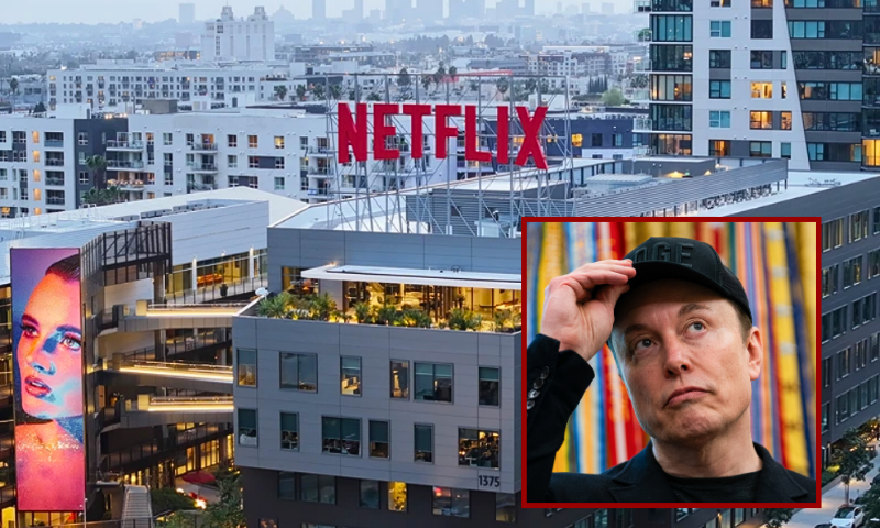 (Background) In an aerial view, the Netflix logo is displayed above its corporate offices on January 24, 2024 in Los Angeles, California. (Mario Tama/Getty Images) / (R) Elon Musk looks on during a news conference with US President Donald Trump in the Oval Office of the White House in Washington, DC, on May 30, 2025. Musk, who stormed into US politics as President Trump's chainsaw-brandishing sidekick, announced on May 28 that he is leaving his role in US government, intended to reduce federal spending, shortly after his first major break with the President over Trump's signature spending bill. (Photo by Allison ROBBERT / AFP) (Photo by ALLISON ROBBERT/AFP via Getty Images)